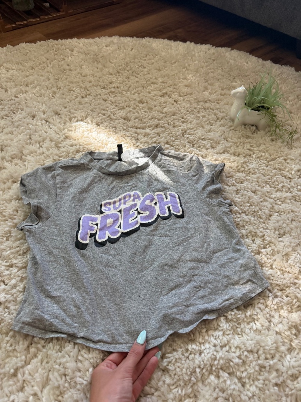 Soft H&M Grey Crop Tee with Purple "Supa Fresh" Graphic Streetwear style  crop t